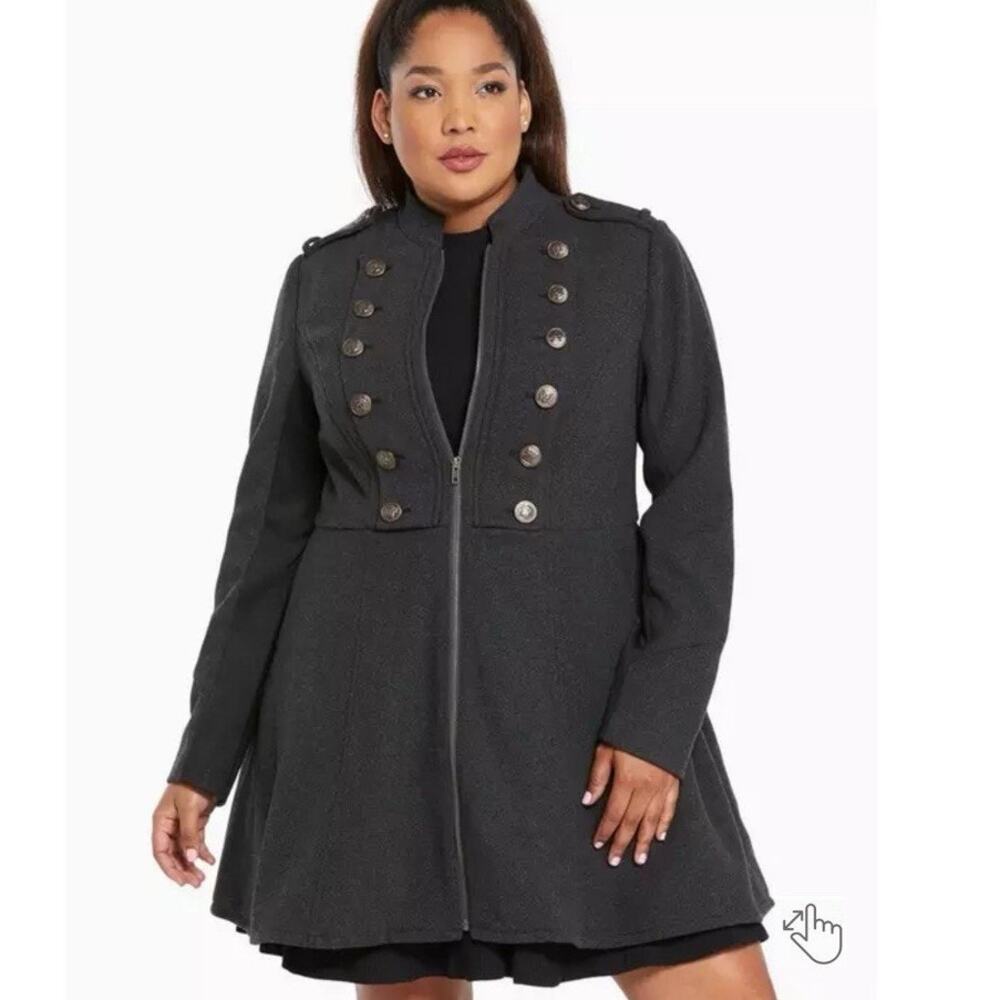 Torrid Gray Military Coat 1X Long A Line Wool Blend Full Zip Gorpcore Winter - Picture 2 of 16